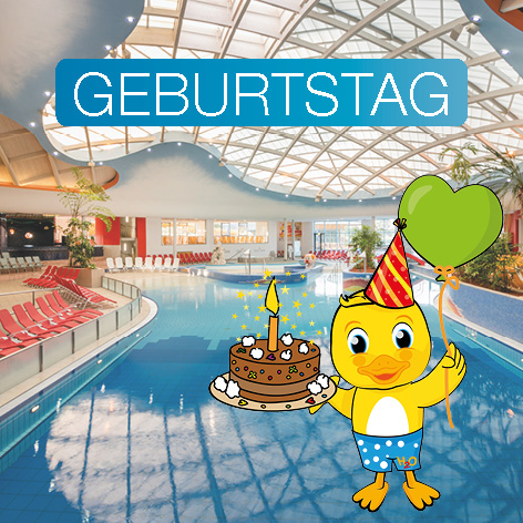 Ente mit Geburtstagshütchen, Torte und Luftballon und Aufschrift Geburtstag